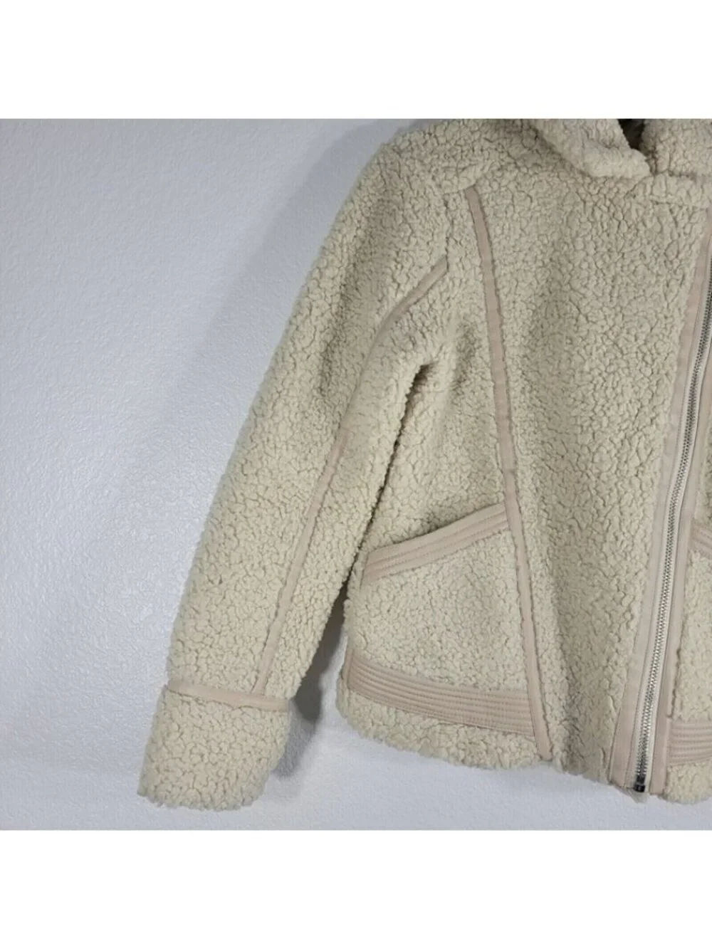 Abercrombie and Fitch Fleece Moto Jacket Women Small Faux Leather Beige Y2K 90s
